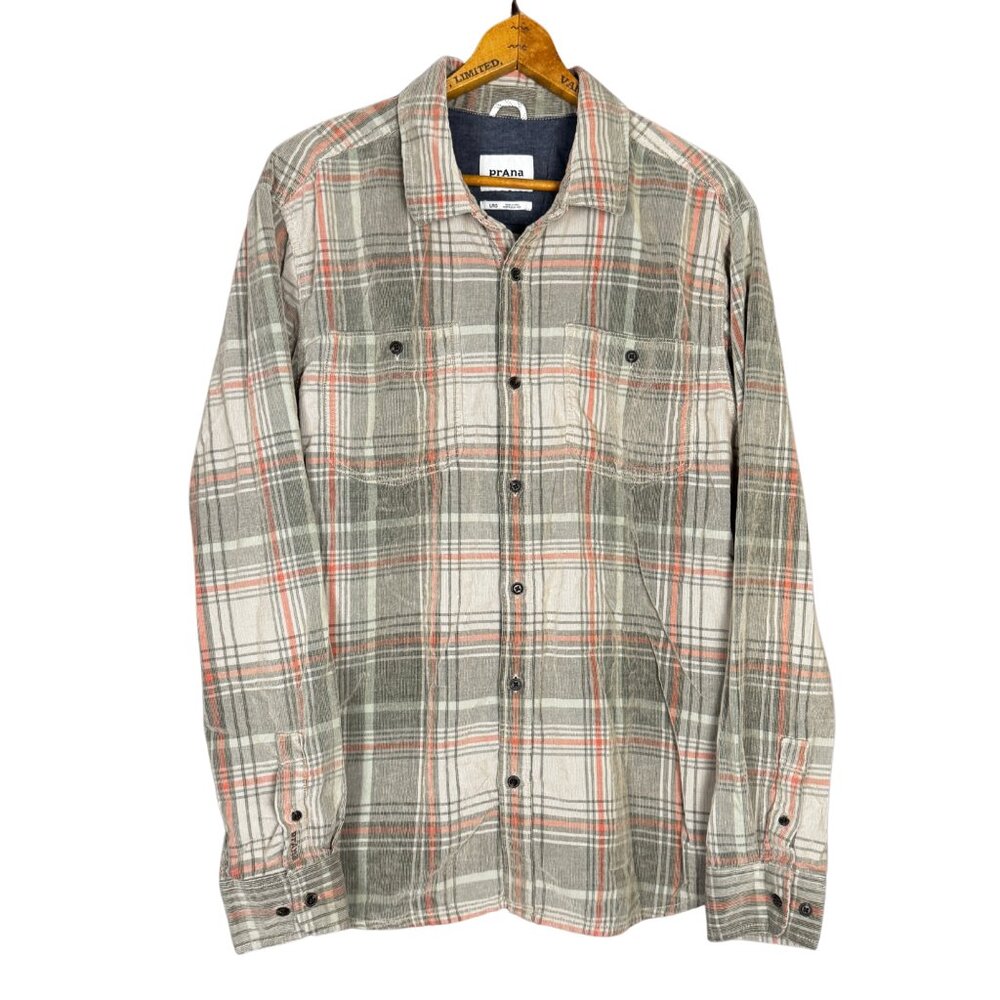 Prana Organic Cotton Micro Corduroy Muted Neutral Plaid Button Down Shirt